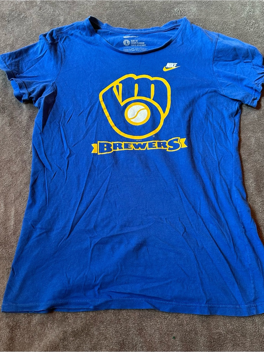 Nike Milwaukee Brewers T Shirt Womens Large Slim Fit Retro Glove Logo Blue MLB